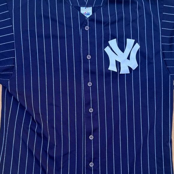 Majestic MLB New York Yankees Pinstripe Blue Jersey Mens Size XL - Picture 3 of 6